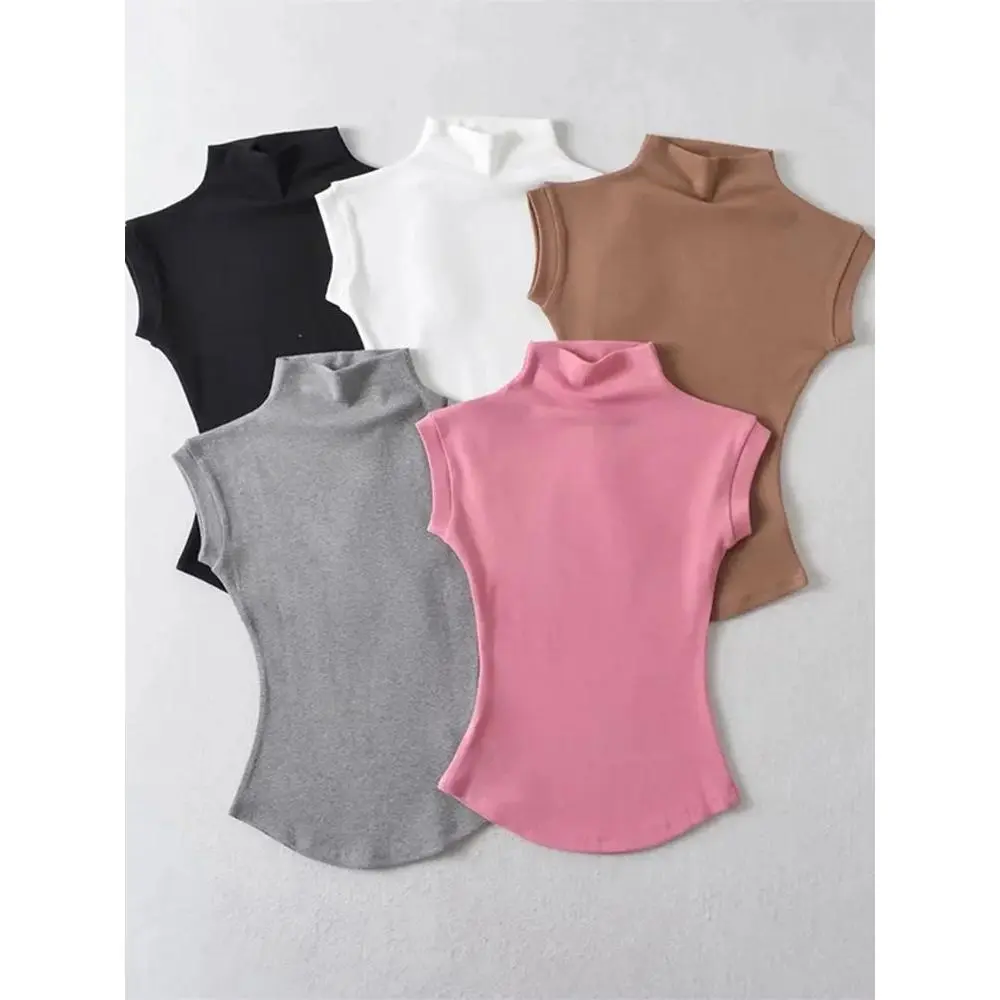 Women Turtleneck high neck Sleeveless T-Shirts Tops Solid Slim Fit