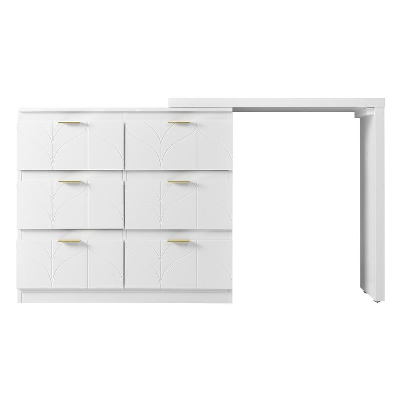 Product Introduction of Dressing Table with Side Table, Bedroom Dressing Tables, Office Table with 6 Drawers, Gold-Plated Handles, Rotating Table Top (180°), Floral Pattern, Shock-Resistant Rounded Corners, White (Without Mirror and Stool) 21