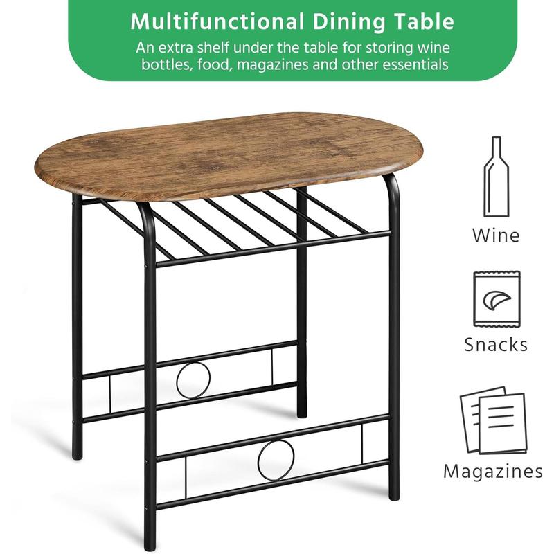 3 Piece Modern Dining Table Set, Kitchen Table and Chairs Set for 2, Space Saving Table Set, Breakfast Nook Table Set with Steel Legs and Storage Rack for Kitchen/Small Space, Brown 5
