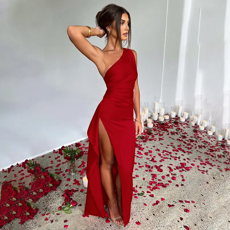 Aura One Shoulder Elegant Cocktail Dress with High Slit Back - Perfect for Formal Occasions - Sleeveless, Maxi dress graduation dresses black