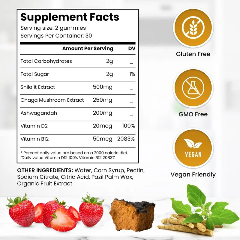 Shilajit Gummies, Strawberry Flavour, with Ashwagandha & Chaga, , Rich in Fulvic Acid, Supports Immune System & Vitality, Vegan, Gluten Free, 60 Gummies Healthcare Supplement 1