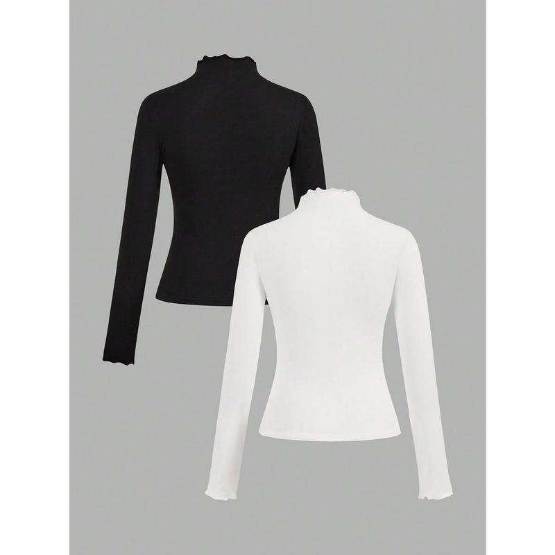 EZwear 2pcs/Set Casual Mock Neck Form-Fitting Solid Black And White Long Sleeve Base Layer Tops, Warm For Autumn/Winter 1