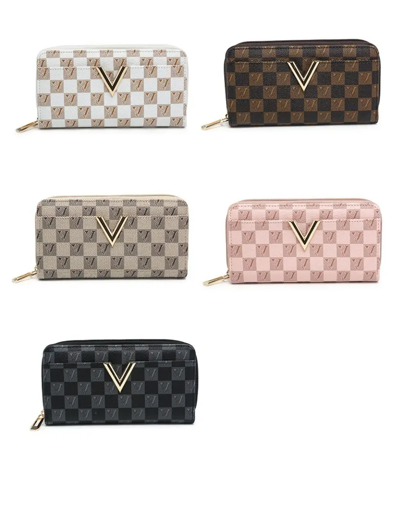 Charcoal Fashion Women's Check Graphic Leather Look Golden V Crest Purses. Daily Life Essential, Multiple Compartments, zip pockets, coin pockets, Elegant, Classic, Great gift ideas.