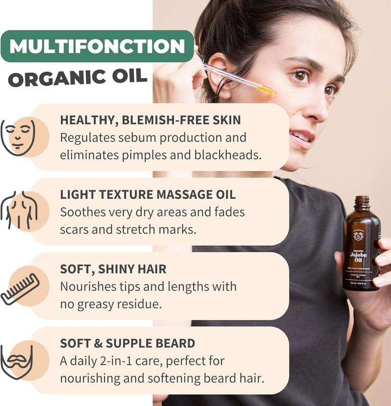 Bionoble Organic Jojoba Oil 50ml - 100% Pure, Natural and Cold Pressed - Face, Body, Hair, Beard, Nails - Vegan and Cruelty Free - Glass Bottle + Pipette + Pump Daily Evening 2