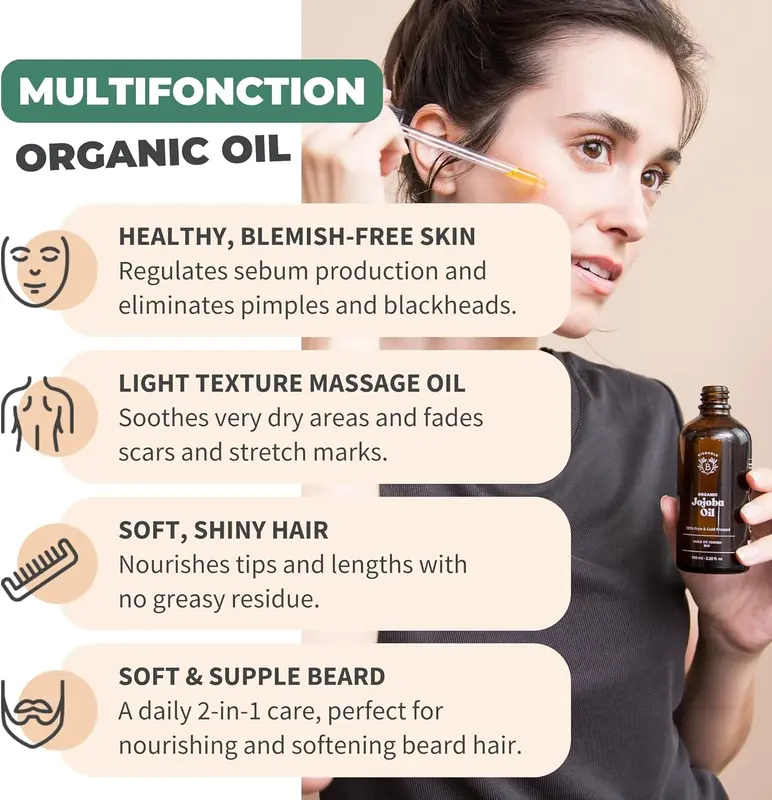 Bionoble Organic Jojoba Oil 50ml - 100% Pure, Natural and Cold Pressed - Face, Body, Hair, Beard, Nails - Vegan and Cruelty Free - Glass Bottle + Pipette + Pump Daily Evening 2