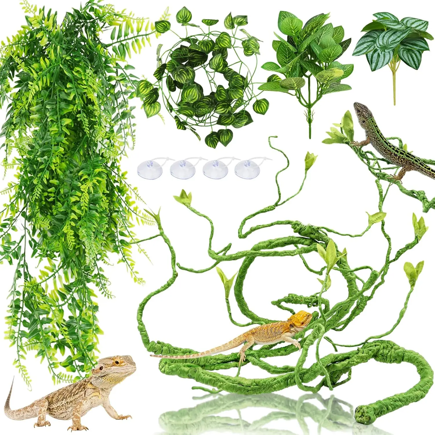 Bearded Dragon Tank Accessories for Habitat, Terrarium Hanging Plants Vines Artificial Leaves Reptile Hide, Leopard Gecko Tank Accessories Hide Terrarium Decor for Geckos Chameleon Snake