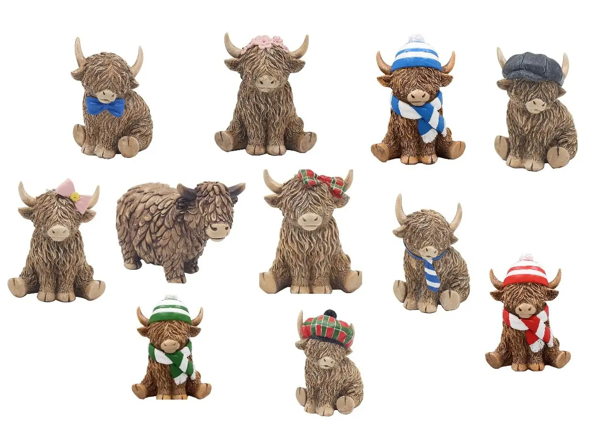 Highland Cow Sitting Ornament Figurine Gift Home Decoration Various Collectable Designs Decor Bow Tie Pink flowers Tartan Football Yoga Love Bathtime Bagpipes