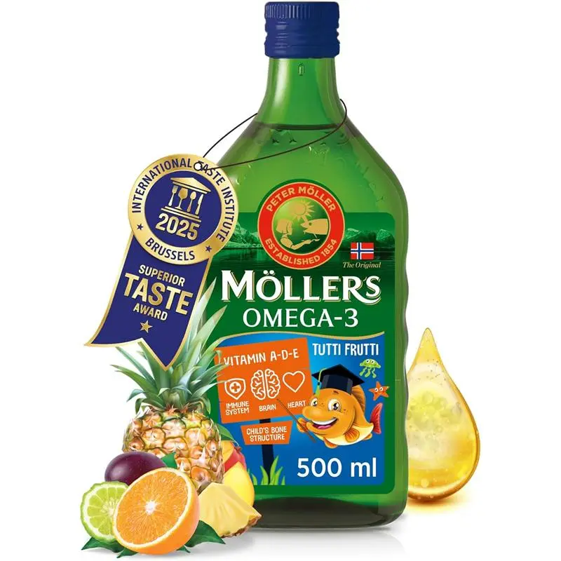 Moller’s Omega-3 For Kids | Natural Cod Liver Oil Liquid | Nordic Supplements With EPA, DHA, Vitamins A, D, E | Tutti Frutti Flavor | 500ml