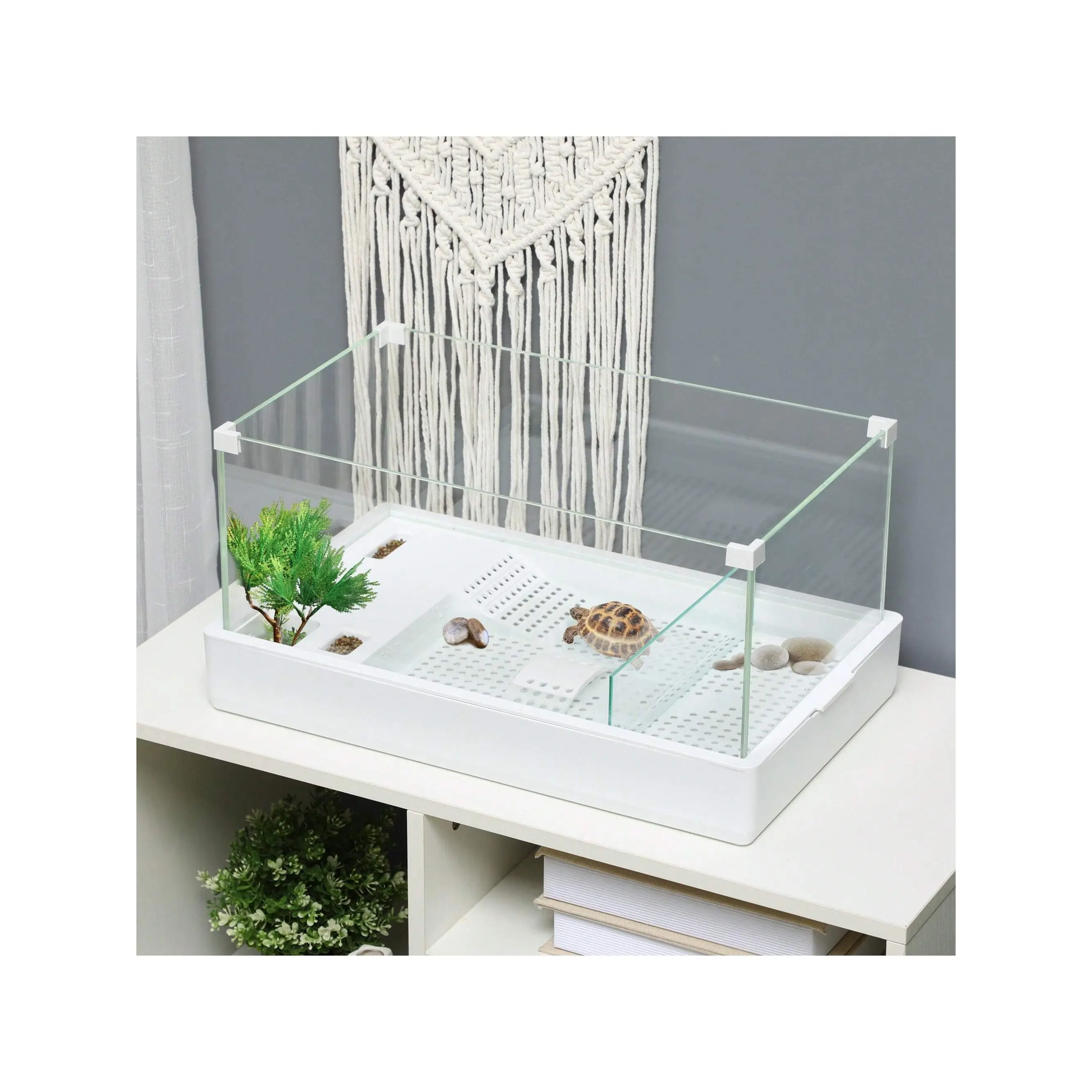 PawHut 50cm Turtle Tank Aquarium, Glass Tank With Basking Platform, Filter Layer Design, Full View Visually Terrapin Reptile Habitat, White