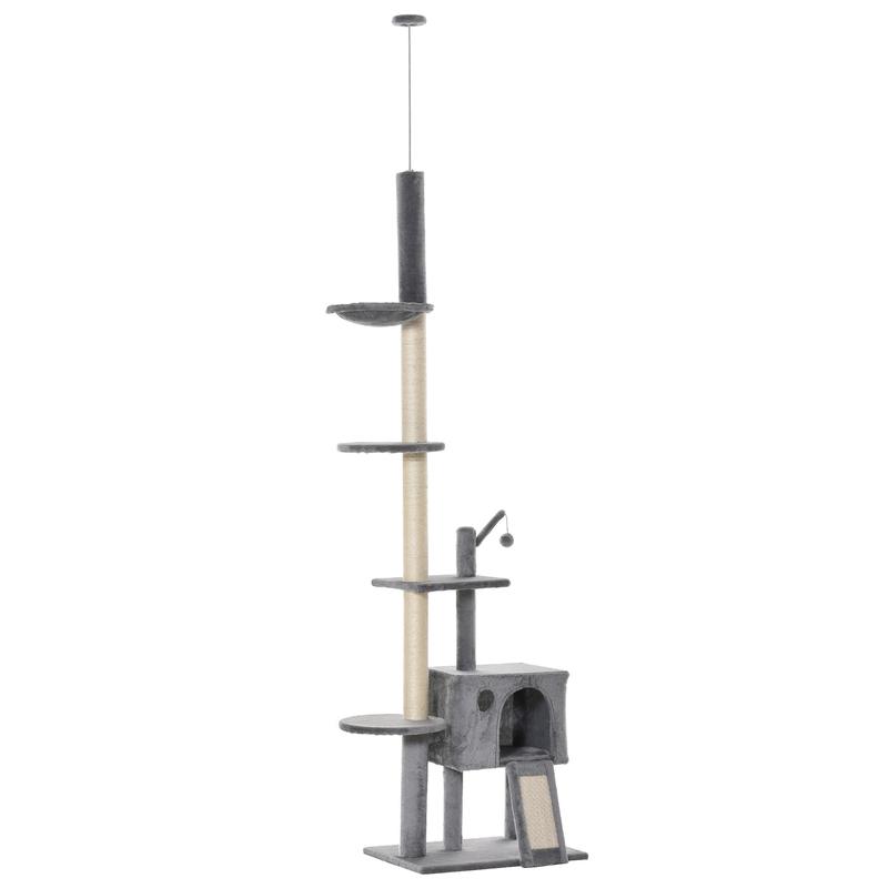 PawHut 270cm Floor To Ceiling Cat Tree Cat House Scratching Post for Indoor Cats Hammock Hanging Ball Activity Center Grey 6