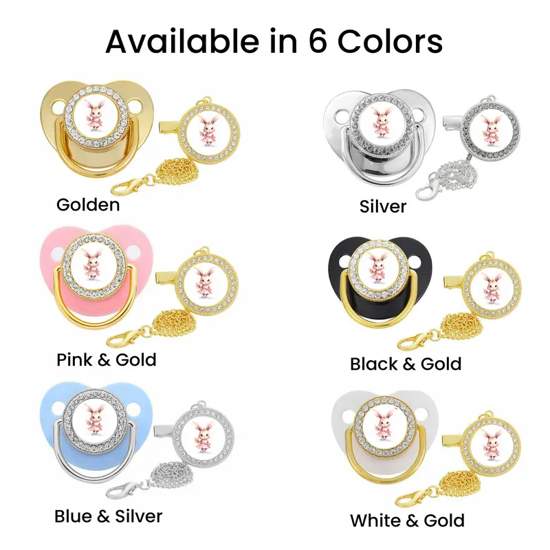 Pink Rabbit Design Pacifier Clip Gold and Silver Pacifier With Chain 1