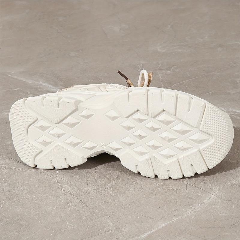 Product Introduction of Women's Lightweight Chunky Sneakers - Casual Height-Boosting, Waterproof, All-Season Low-Top Lace-Up Shoes in Beige & White with Breathable Mesh Upper and Rubber Sole 3