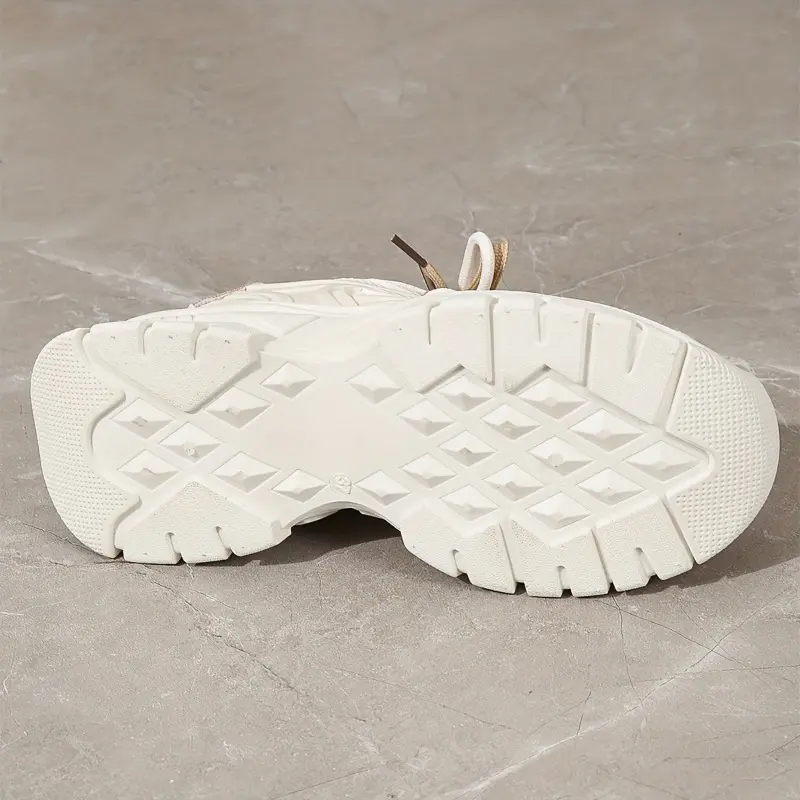 Women's Lightweight Chunky Sneakers - Casual Height-Boosting, Waterproof, All-Season Low-Top Lace-Up Shoes in Beige & White with Breathable Mesh Upper and Rubber Sole 2