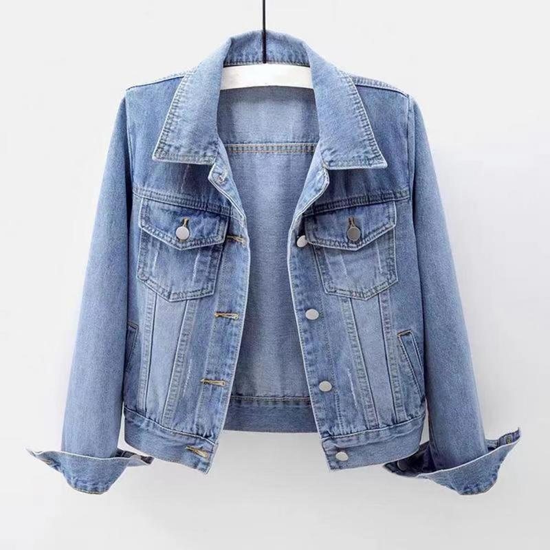 Product Introduction of Women Denim Jacket Single-breasted Chest Flap Pocket Jacket Long Sleeve Slim Short Coat Retro Ladies Denim Jackets Outerwear 3