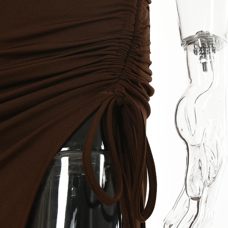 Product Introduction of Women's Halter Hollow Out Drawstring Ruched Bodycon Maxi Dress High Split Party Club Cocktail Dresses cap sleeve fashion casual dresses 13