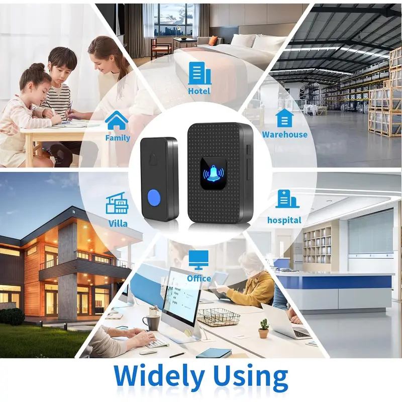 Wireless Doorbell, IP55 Waterproof Cordless Door Bells Chime Kit-1000 Ft Range 55 Chimes 5 Volume, Battery Operated Push Button & 2 Plug-in Receivers with LED Flash Easy Install Black (N628) 5