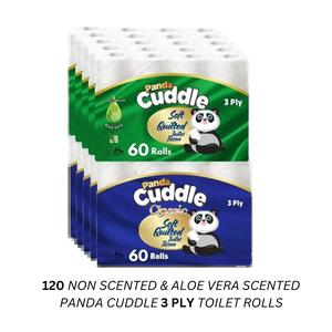 Panda Cuddle 120 Toilet Rolls, 3 Ply, Non Scented, Aloe Vera 10x12pk - White Tissue - Wipes, Napkin Lightweight Towel