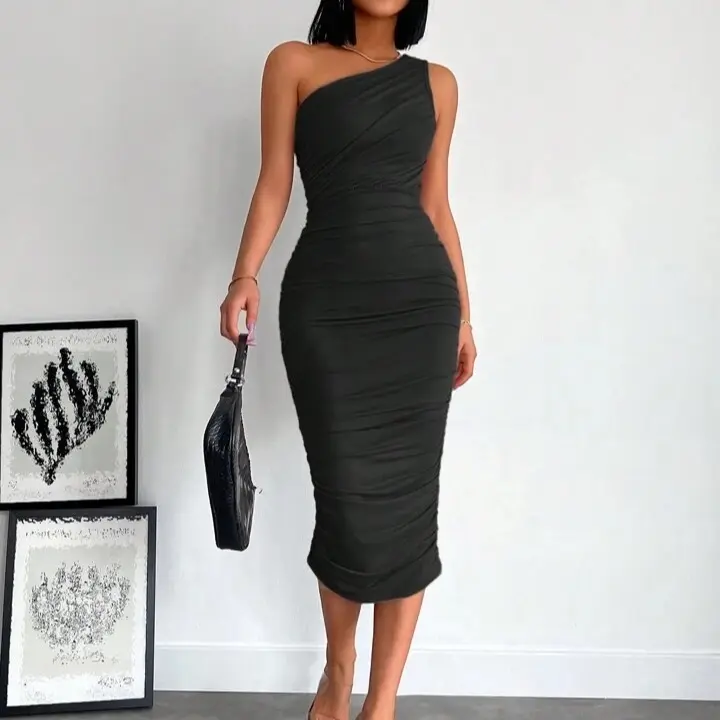 FL 107 Women's Solid Color Midi Mesh Dress with Lining for Daily Casual Wear - Minimalist, Comfort, Basic, Sleeveless, Summer, Womenswear