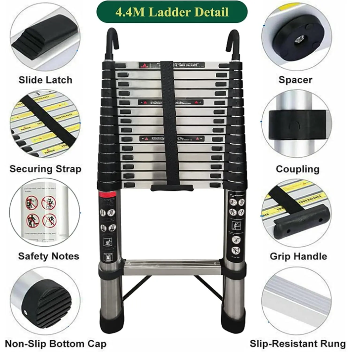 Telescopic Ladder 4M/14.4FT Multi-Purpose Folding with Detachable Hooks, Stainless Steel Ladders 14 Adjustable Steps Extension Ladder, Extendable Resistant Foldable Ladder with EN131, Max Load 150kg