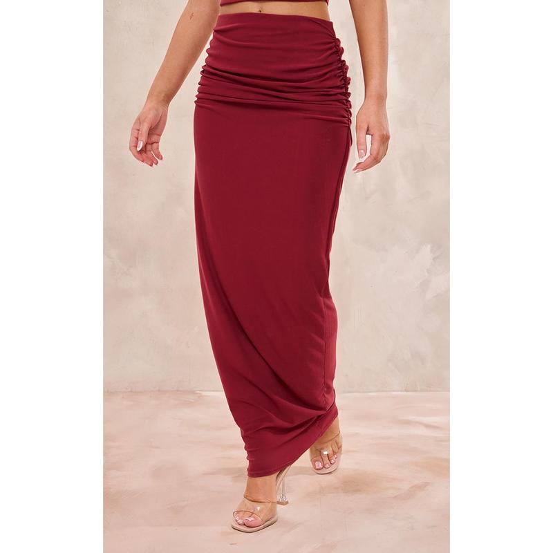 Burgundy Soft Touch Ruched Back Maxi Skirt 1