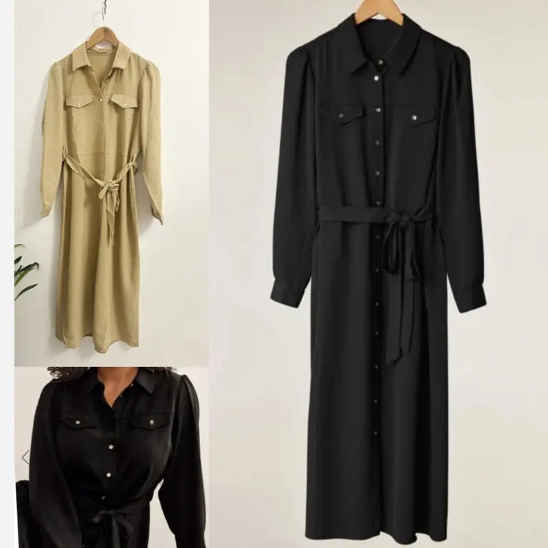 Tie Waist Utility Shirt Dress Fitted Button Down Long Sleeve Occasion Smart Party Dress Maxi Casual 10 - 22