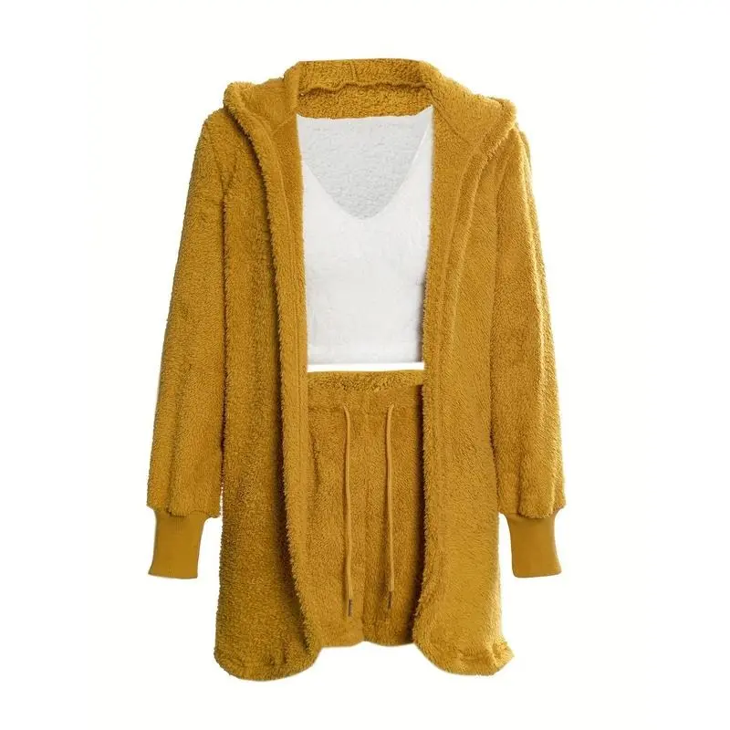 【2025】Warm Fuzzy Pajama Set, Long Sleeve Hooded Robe & Tank Top & Drawstring Shorts, Women's Sleepwear & Loungewear 8