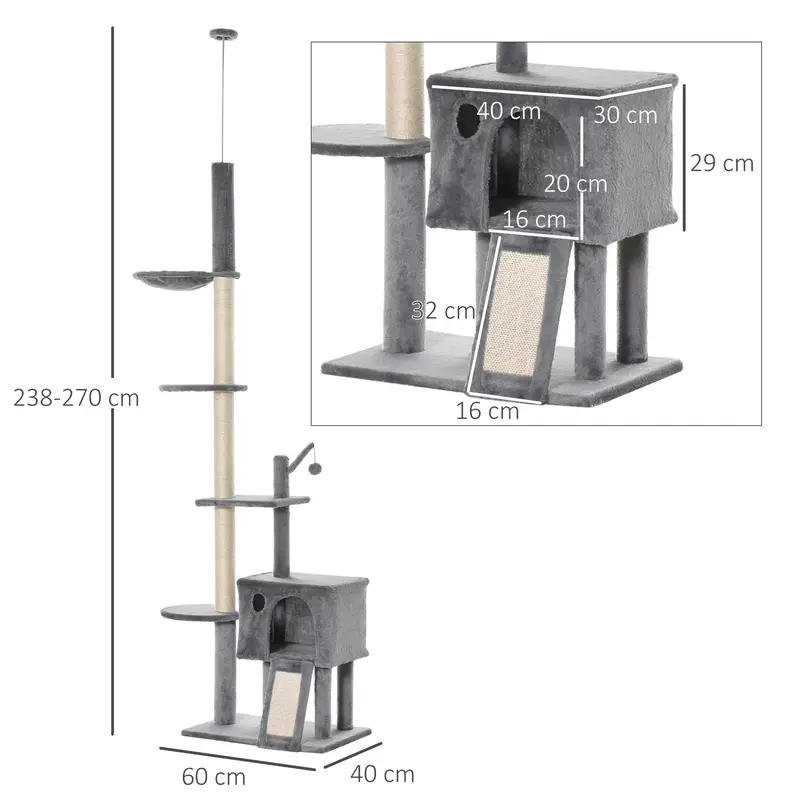 PawHut 270cm Floor To Ceiling Cat Tree Cat House Scratching Post for Indoor Cats Hammock Hanging Ball Activity Center Grey 2