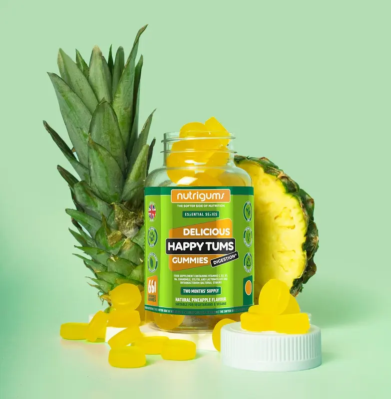 **MULTIBUY SAVING** Happy Tums Digestive Complex Gummy | Pineapple Flavour | 60 Vegan Gummies | Vitamins C, B3, B5, B6 and Chamomile 1000mg | Gut & Digestive Health by NUTRIGUMS Dietary Supplement 1