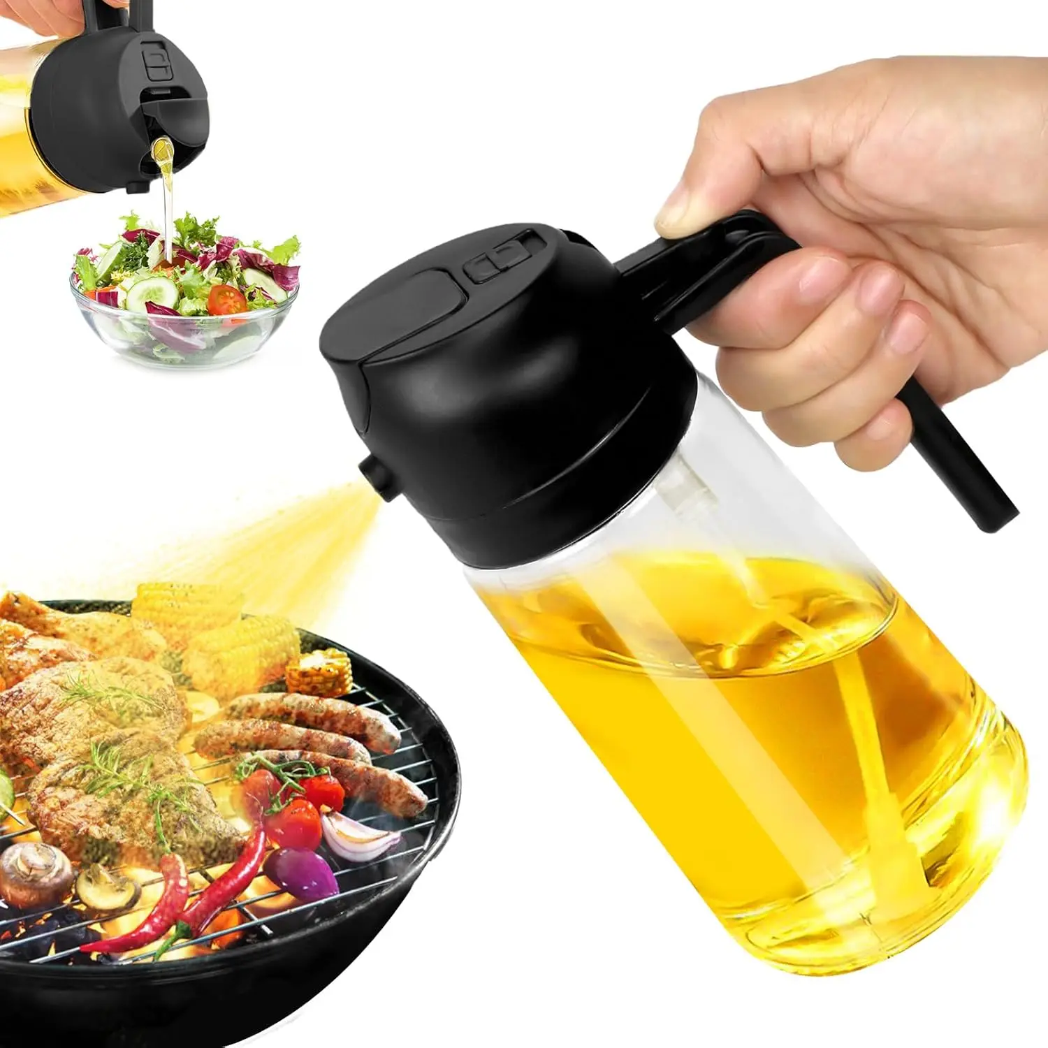Multicoloured Oil Spray Bottle,2 in 1 Oil Dispenser and Oil Sprayer,Oil Dispensers,heat resistant Bottle with Sprayer tools,Oil Spray Bottle,Air Fryer,Refillable Oil Mister,Cooking Oil Sprayer for Baking,Kitchen Utensils black durable meal prep