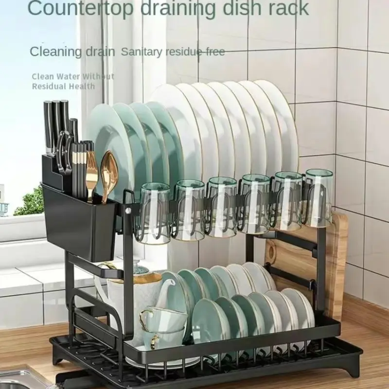 AYSTHETICS Dish Drying Rack,Large Capacity Dish Drainer, Dish Rack With Utensil Organzie,Dish Drainer Rack With Cutting Board Holder,Plus 3 Hooks,Black     storage dishdrainer kitchen dishrack kitchen rack Expandable kitchen Organiser   dish rack Plastic 3