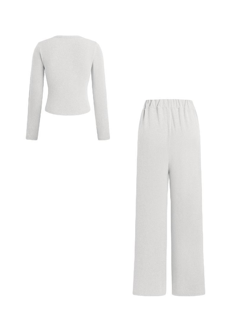 Product Introduction of Two-piece Set Women's Solid Button Front Ribbed Crop Top & Elastic Waist Pants, Casual Long Sleeve Round Neck Top & Trousers 2 Piece Set for Spring & Fall, Women's Clothes for Daily Wear, Sassyandclassyclothing 15