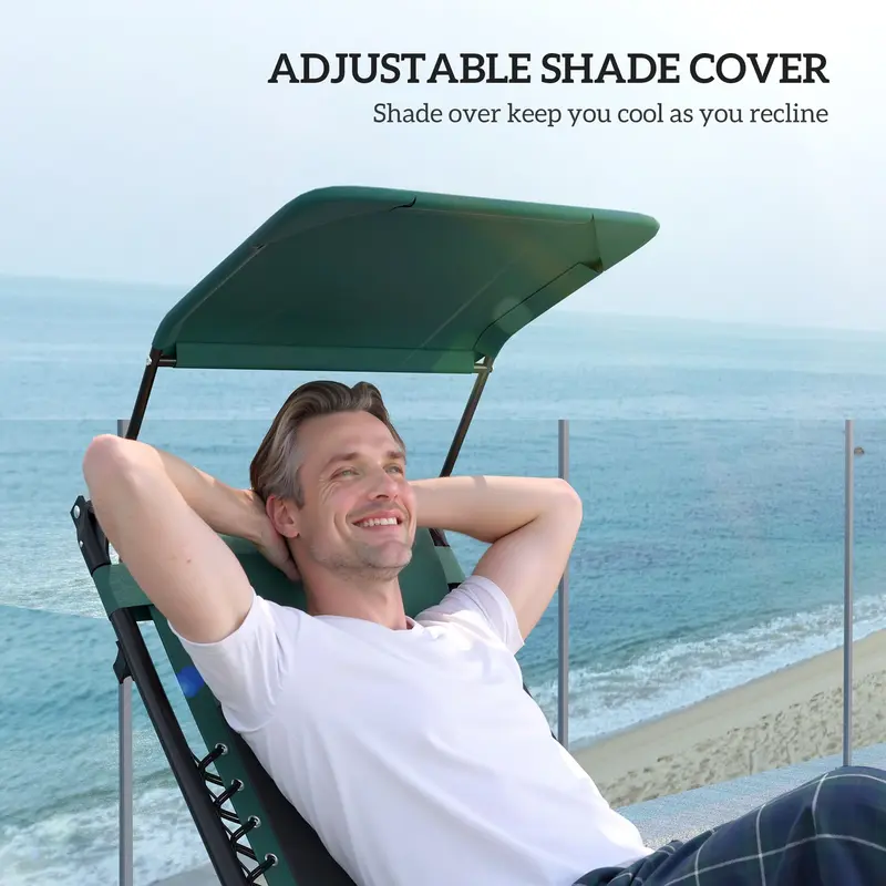 Outsunny Zero Gravity Lounger Chair, Folding Reclining Patio Chair with Shade Cover, Padded Seat, Cup Holder, Soft Cushion and Headrest for Poolside, Camping, Green 5