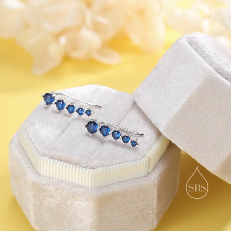 Sapphire Blue CZ Crystal Crawler Earrings in Sterling Silver, Silver or Gold 5