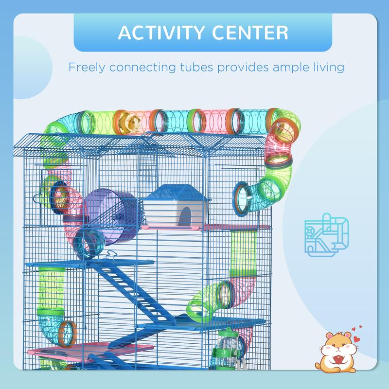 PawHut 5 Tier Hamster Cage Carrier Habitat with Exercise Wheels Tunnel Tube Water Bottle Dishes House Ladder for Dwarf Mice, Blue 6
