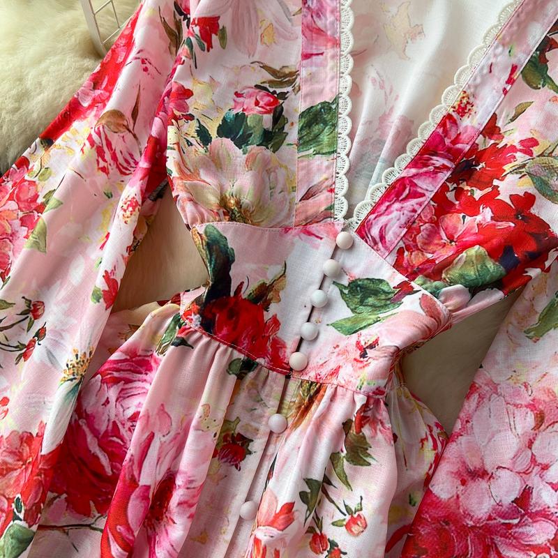 High-end Floral Dresses Women V-neck Stitching Dress Long Maxi Dress 5