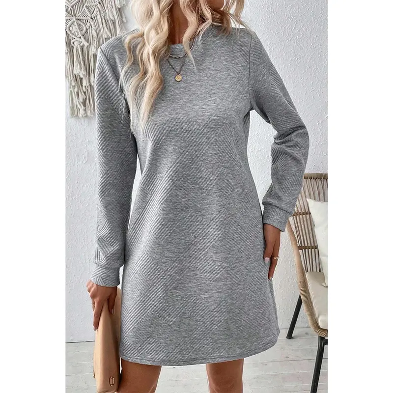 Gray Solid Color Textured Long Sleeve Shift Dress 3