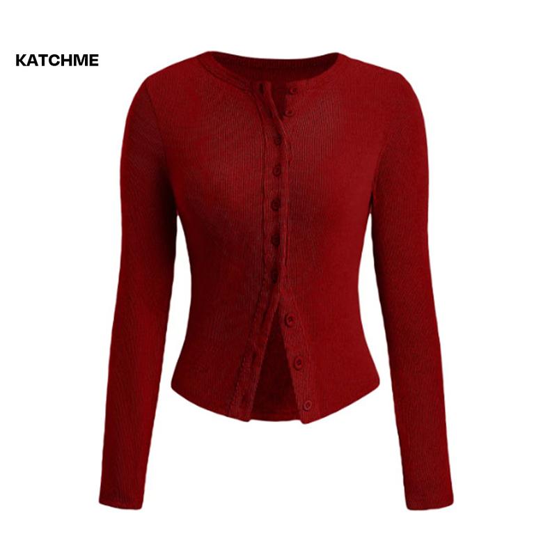KatchMe Women's Versatile Solid Color Knit Button-Up Long Sleeve Slim Top,Lady Slim-Fitting Top for Daily Holiday Wear,Fall & Winter Crewneck Knitwear 3