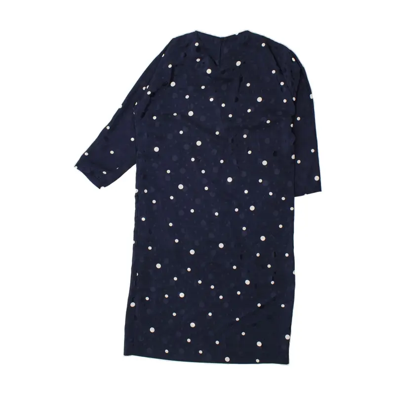 Pre-Owned VINTAGE Womens 3/4 Sleeve Shift Dress UK 16 Large Navy Blue Polka Dot 2