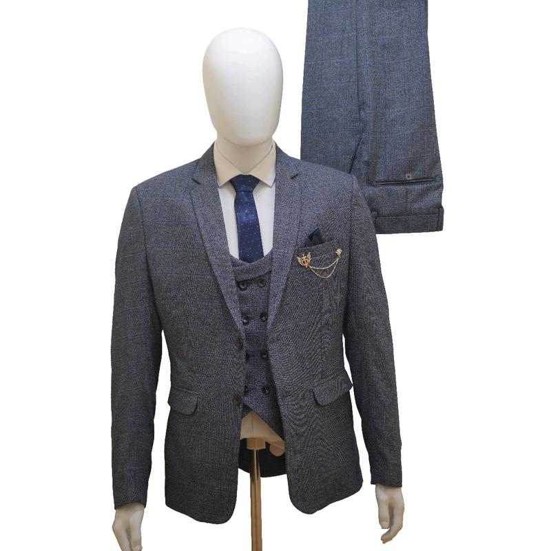 Men's Check Tweed Blue 3 Piece Suit Wool with Jacket, Waistcoat, Trousers and Tie 0