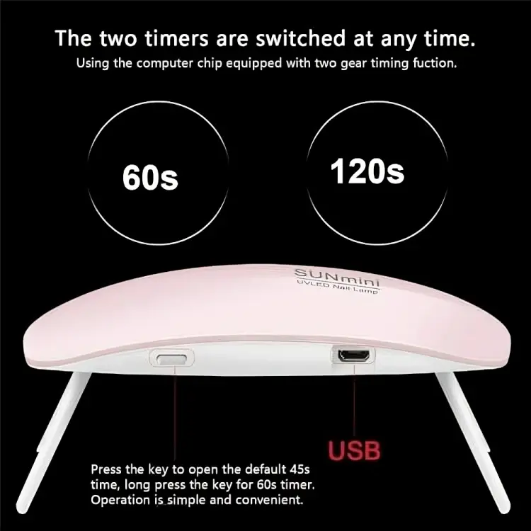 Portable LED Mini Nail Lamp 6W Gel Dryer for Women and Girls (Pink) - Nail Art Tool - Cutics, Polish 5