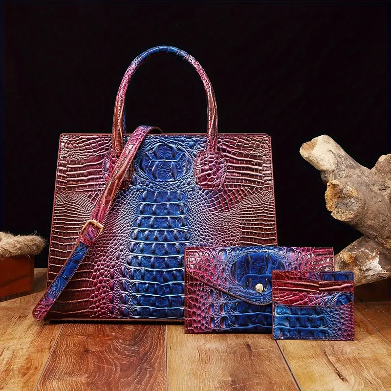 3pcs Gradient Color Crocodile Pattern Bag Set, Women Tote Handbag With Clutch Wallet, Credit Card Holder, Coin Purse 3