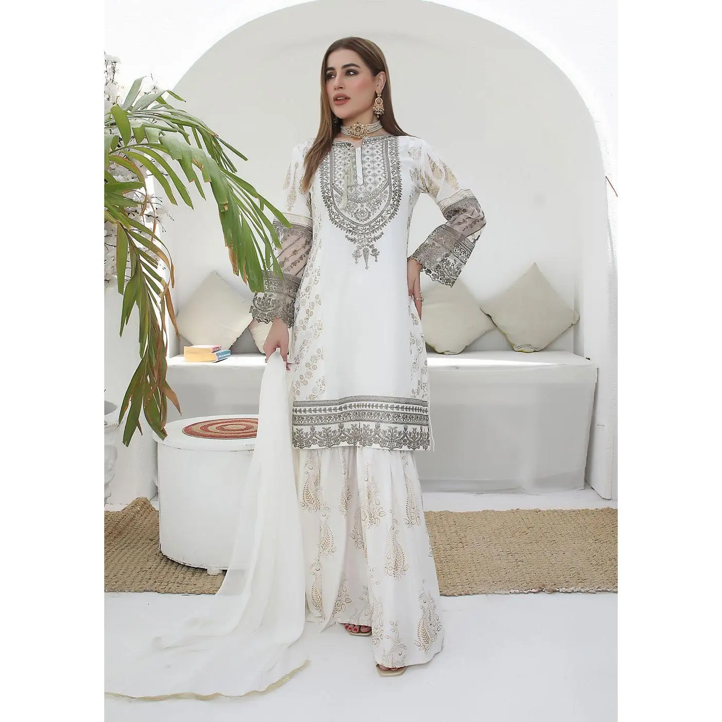 HK181 Bekhud Readymade White Linen Mother & Daughter Suit