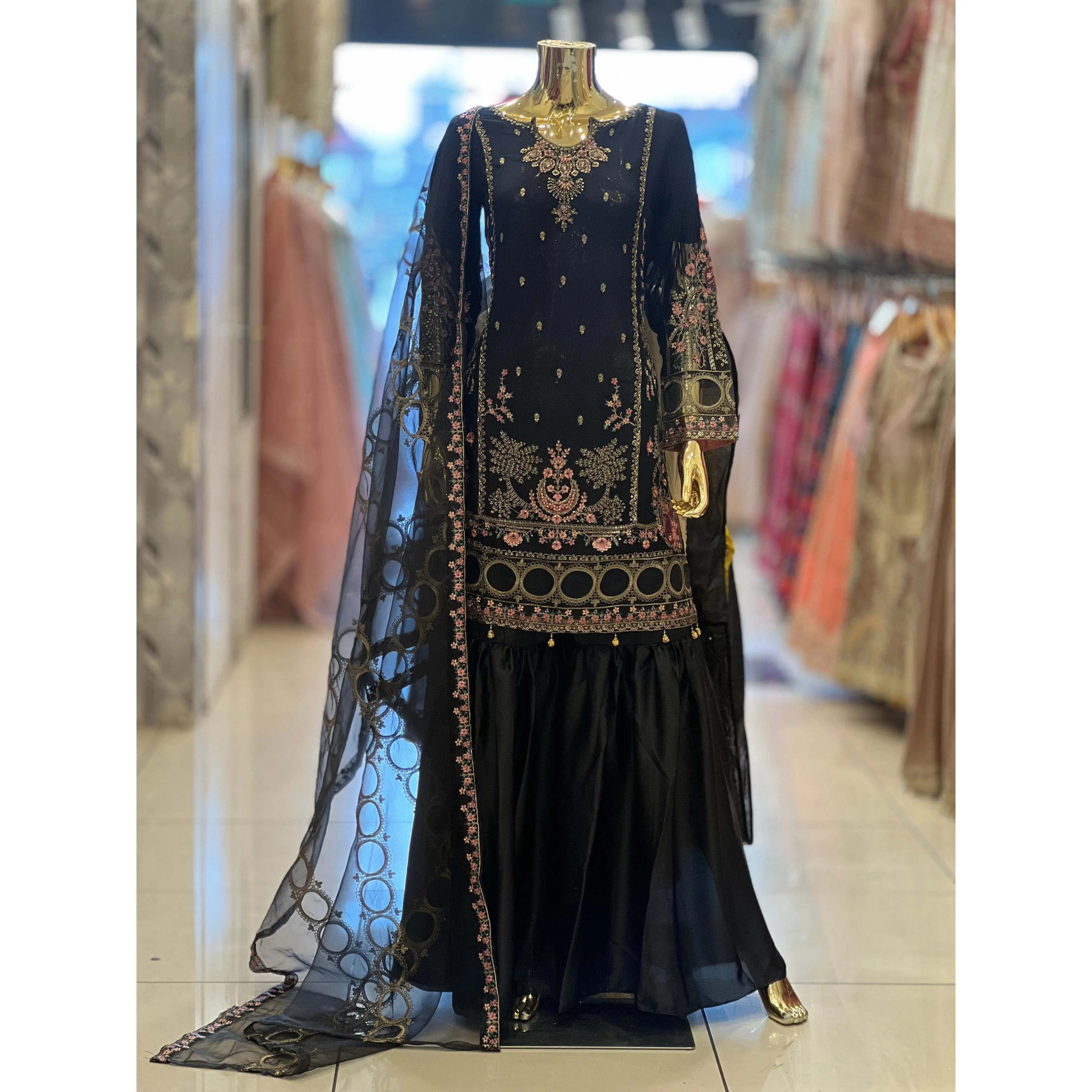 Kashish Vol - 2 Chiffon Shirt With Silk Garara & Net Scarf Eid Collection 2024 -RN04- Black