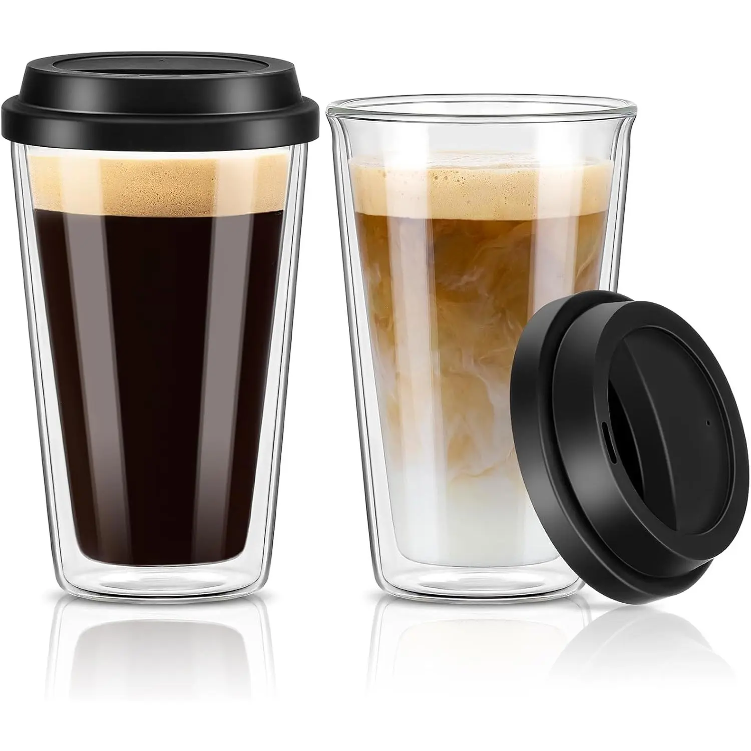 2 Packs Double Walled Glass Coffee Mugs with Silicone Lids, 12 OZ Reusable Glass Coffee Cups, Insulated Coffee Mugs, Cappuccino,Tea,Latte,Iced Coffee Cups, Glass Travel Mug, Heat Resistant Drinkware Bottles Tumblers Borosilicate