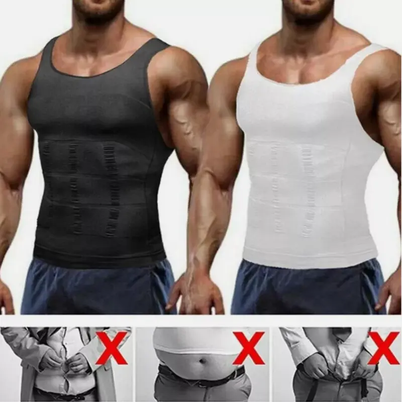 S M L XL XXL White and Black Men Solid Compression Shapewear Tank Top Stretch Tummy Control Shaper Vest Casual Plain Menswear Underwear Bestie Operator Techwear Biker Beige Wetsuit Tropical 1