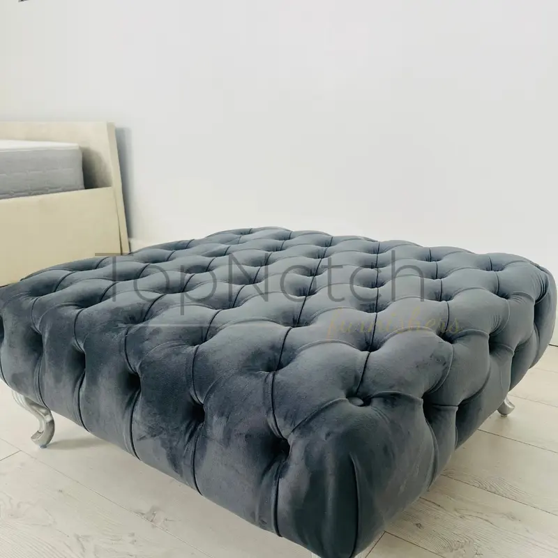 TopNotch Furnishers Large Coffee Table 30Inch x 30Inch x 12Inch - Deep Buttoned Chesterfield Footstool In Grey Plush Velvet Sturdy 1
