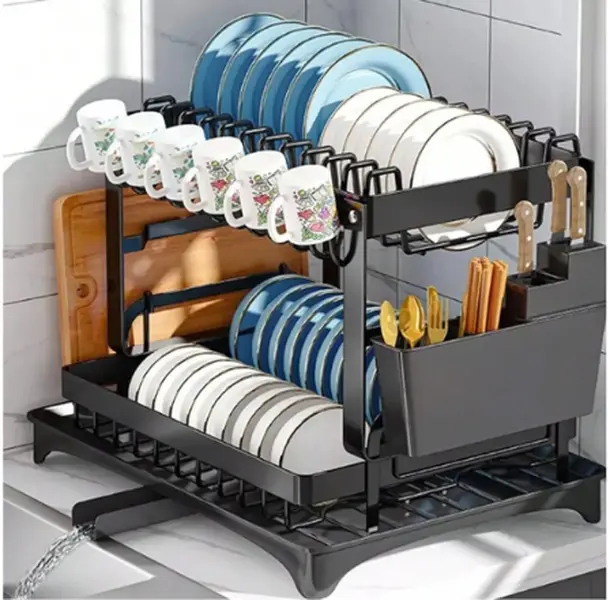 2 Tier Dish Rack, Plate Cup Drying Drainer, Cutlery Holder Black, Stainless Steel - Organiser