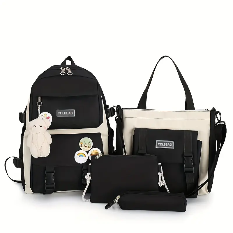 4pcs/set Simple Casual Backpack Large Capacity School Bag Travel Bag Canvas Shoulder Bag For Students 5
