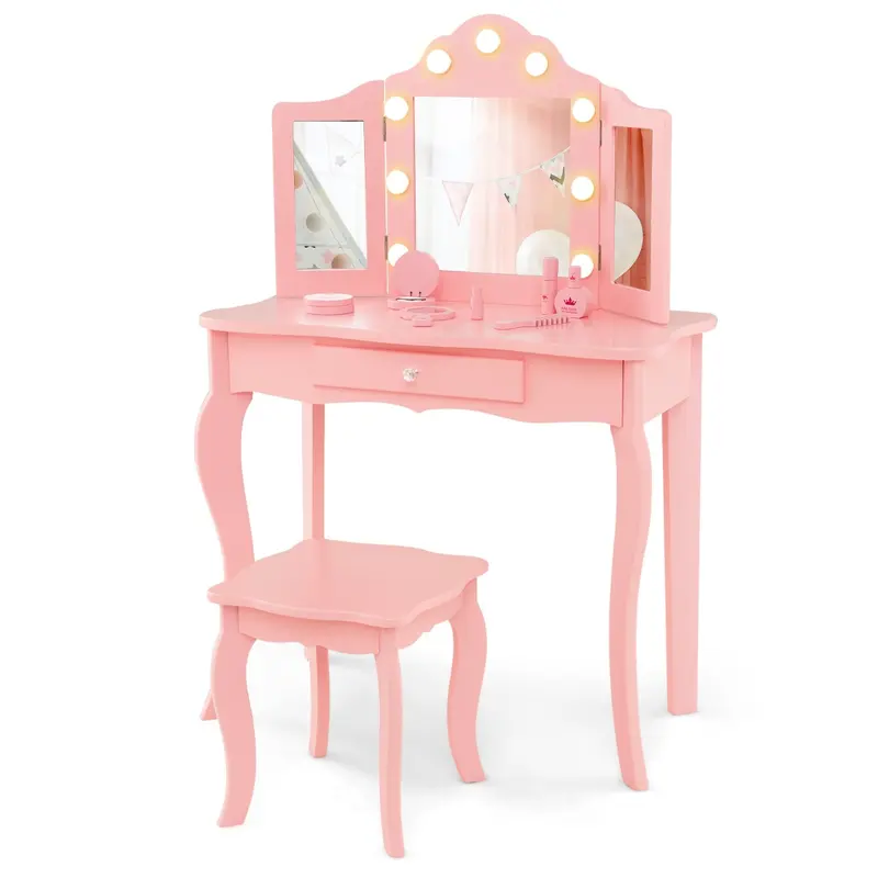 COSTWAY Kids Vanity Table and Stool Set with Real Glass Tri-Folding Mirror and Drawer 3
