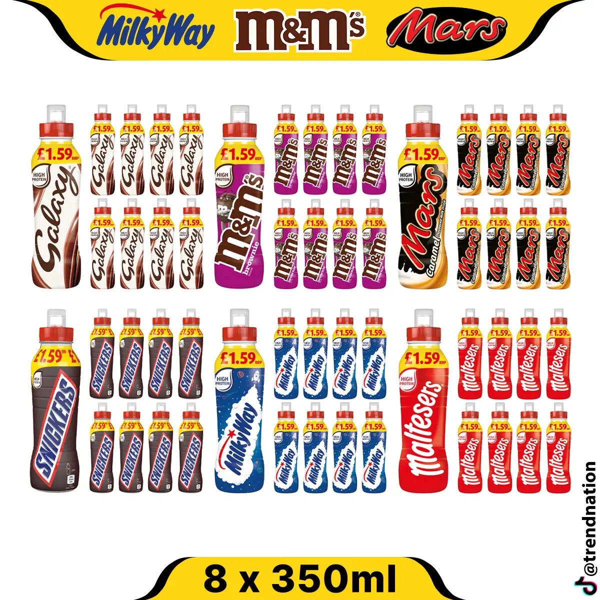 Milk Shake Chocolate Drink | M&M's, Mars, Galaxy, Snickers, Maltesers & Milky Way | 8 x 350ml Bottles | Sports Cap Beverage